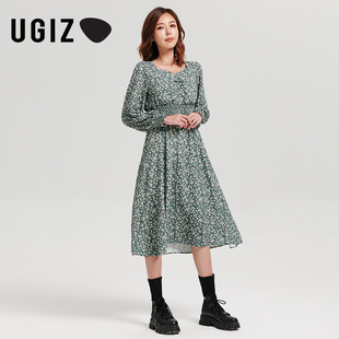 女装 UGIZ春秋季 韩版 碎花高腰长裙方领连衣裙女UCOD817 新品 长袖