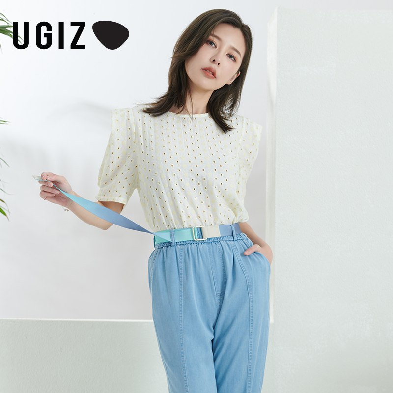 UGIZ清新可爱纯色镂空短袖衬衫