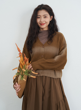 UGIZ23秋新品韩版女装慵懒风渐变色V领短款百搭毛织开衫UCDG833