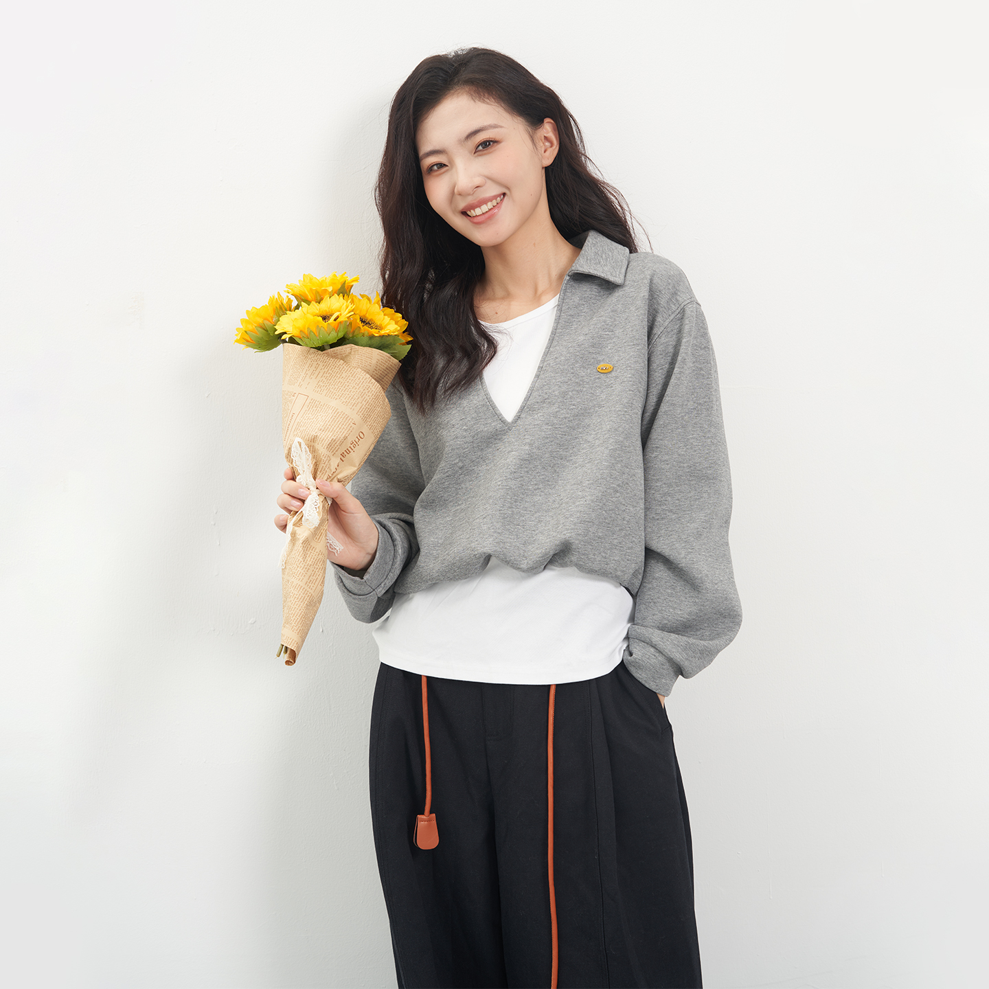 韩版假两件翻领休闲卫衣