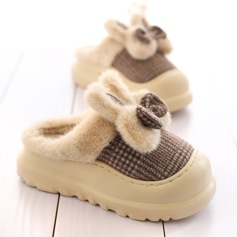 包跟松糕厚底棉拖鞋女冬季防滑室内增高跟毛毛拖月子外穿新款棉鞋