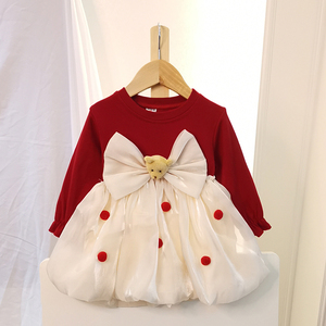 秋装女宝宝周岁礼服公主裙女童连衣裙秋季婴儿洋气小熊蝴蝶结裙子