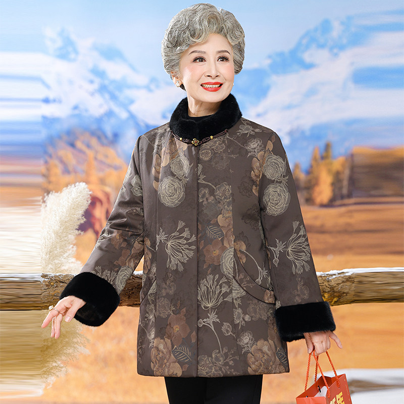 90绒冬季奶奶装保暖羽绒服中长款外套宽松中老年妈妈毛领盘扣上衣