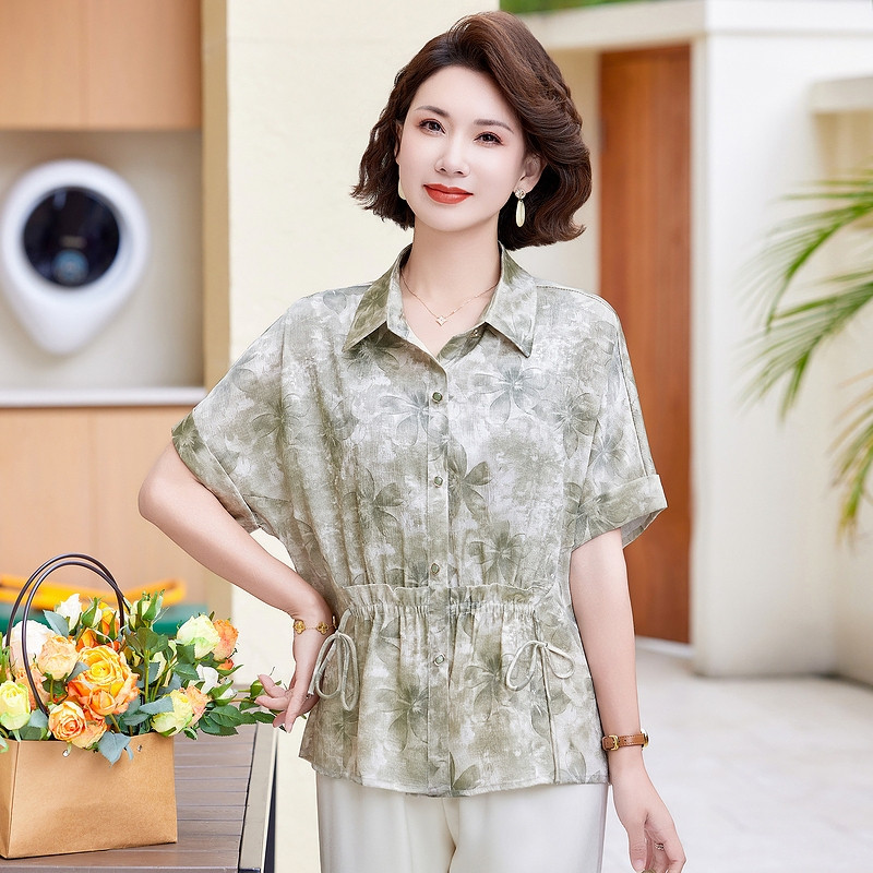 洋气妈妈夏装短袖时尚衬衣中老年女装印花显瘦衬衫母亲节高贵上衣