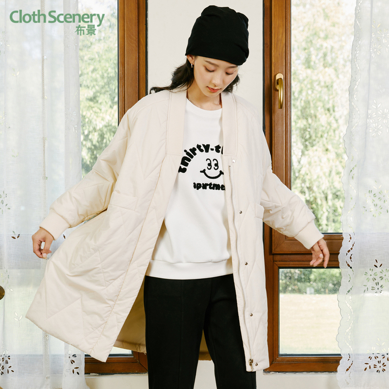 布景棉服女中长款秋冬季简约纯色宽松双口袋保暖轻薄棉衣外套3135