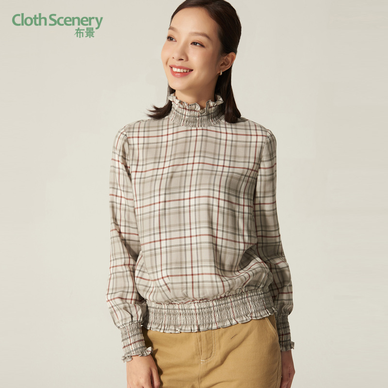 布景衬衫女秋季新品简约荷叶花边立领设计感松紧下摆格子衬衣3045