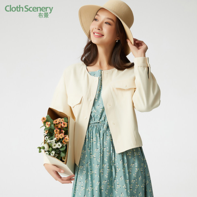 布景外套女春季新品简约休闲直筒宽松长袖短款纯棉上衣夹克0801