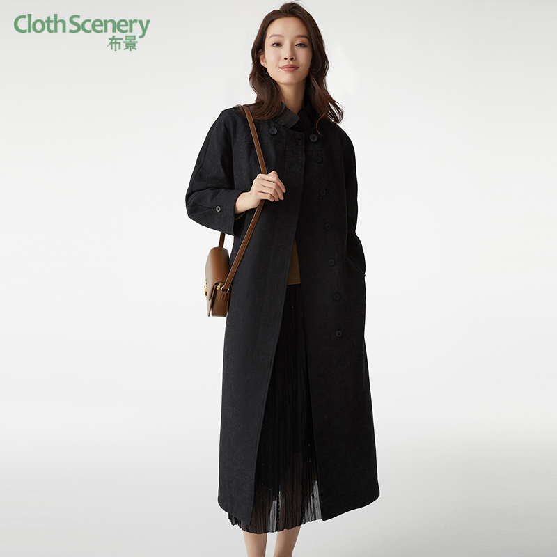 布景风衣女秋季新品简约通勤腰带收腰设计黑色中长款外套5611