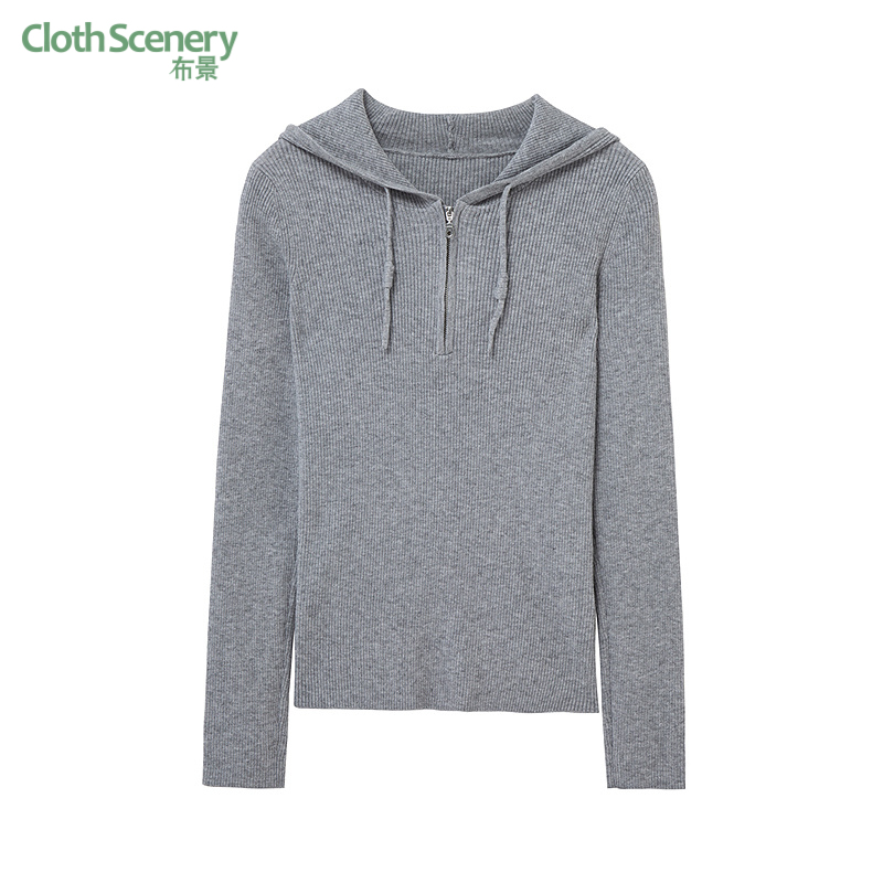 布景毛衣女冬季新品简约休闲连帽半拉链设计感修身打底针织衫1862