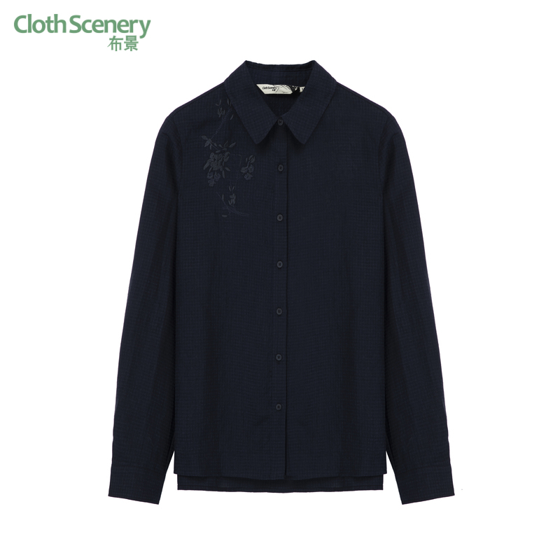 布景刺绣含亚麻长袖衬衫