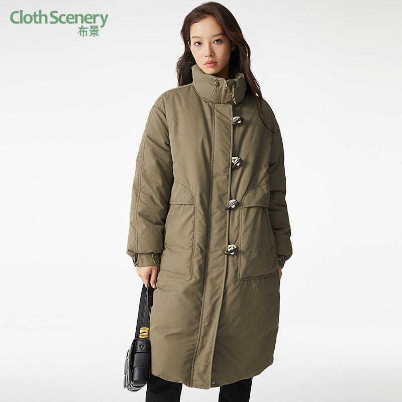 布景羽绒服女中长款冬季新品简约防风立领直筒白鸭绒厚款外套1602