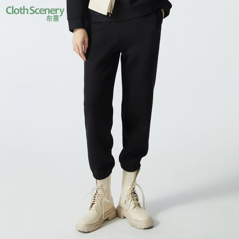 布景休闲裤女春季新品简约运动风松紧腰系带束脚宽松长裤卫裤1013
