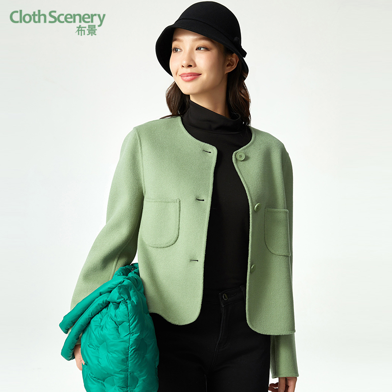 布景羊毛大衣女短款冬季新品简约圆领直筒宽松纯色毛呢外套2305