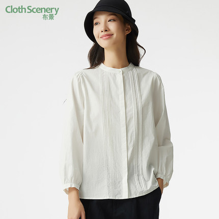 布景衬衫女秋季新品简约文艺纯色长袖圆领纯棉衬衣小衫0032