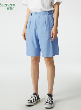 布景短裤女夏季简约双纽扣含亚麻高腰宽松直筒休闲五分裤中裤3982