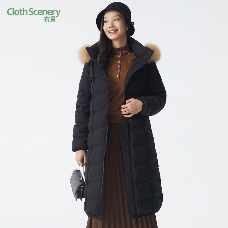 布景羽绒服女中长款冬季简约格纹系带连帽毛领白鹅绒外套厚1836