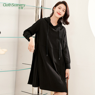 布景连衣裙女秋季 百褶卫衣裙子2016 纯色连帽开叉假两件宽松中长款