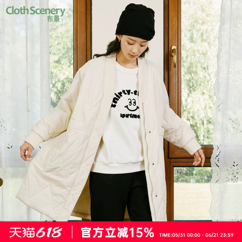 布景棉服女中长款秋冬季简约纯色宽松双口袋保暖轻薄棉衣外套3135