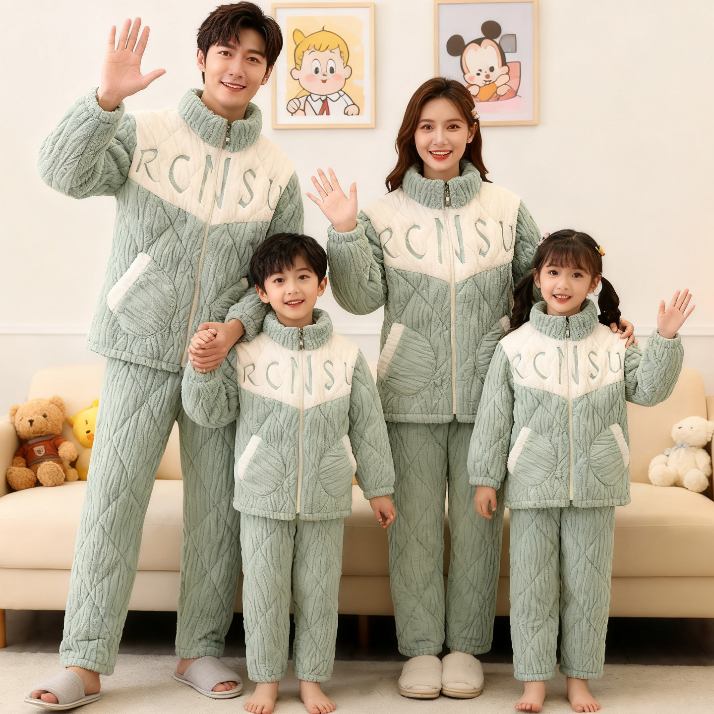 亲子睡衣一家三口装夹棉冬款