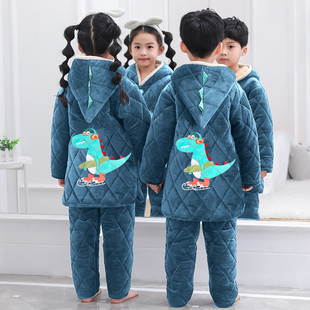 儿童睡衣冬季加厚款男童加绒带帽三层夹棉套装儿童大童女孩家居服
