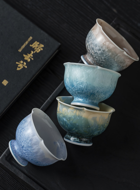 禅意手作冰花个人专用茶杯清新蓝色结晶釉主人杯喝茶泡茶杯陶瓷杯