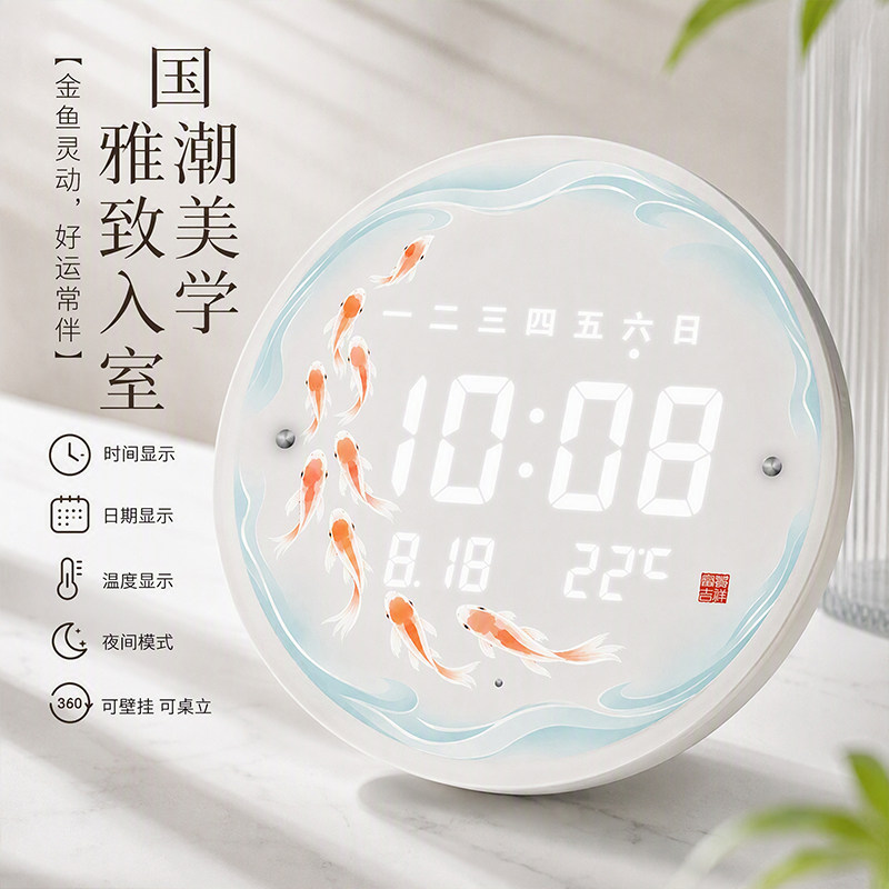 新中式九鱼图万年历充电挂钟