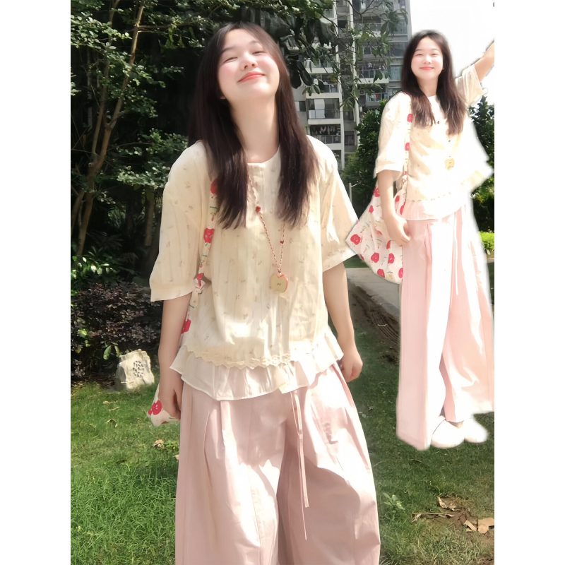 清仓尾货休闲运动搭配一整套女甜美小翠花衬衫上衣阔腿裤子两件套