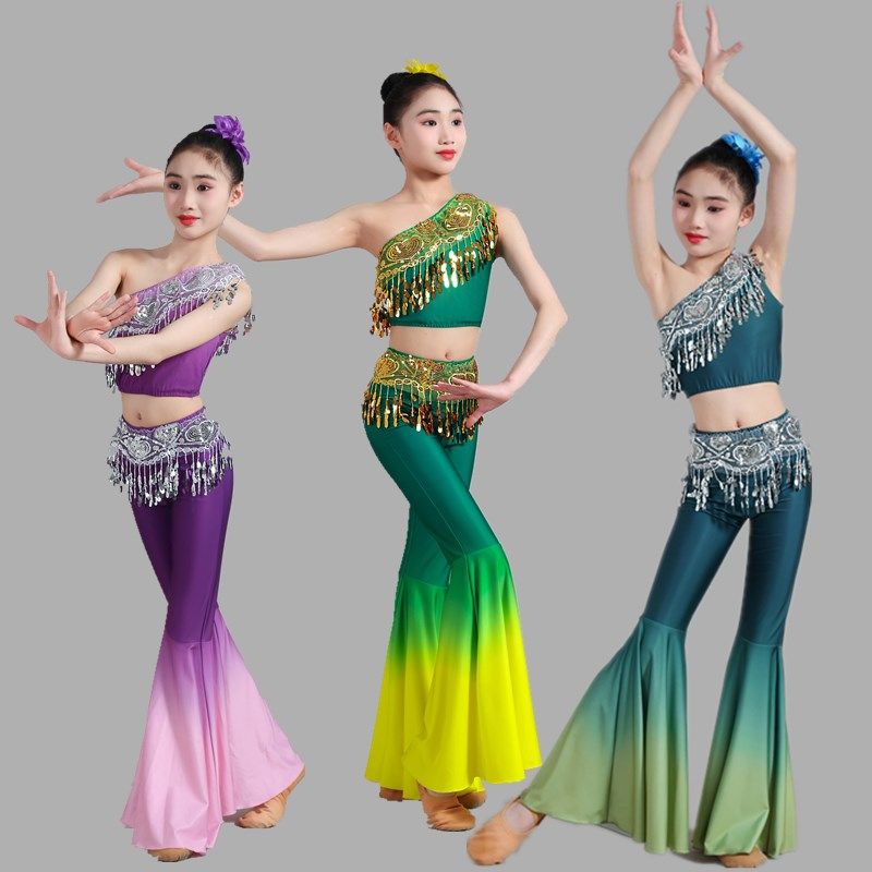 2025新款儿童傣族舞蹈服装幼儿孔雀舞演出服女童修身包臀鱼尾长裤