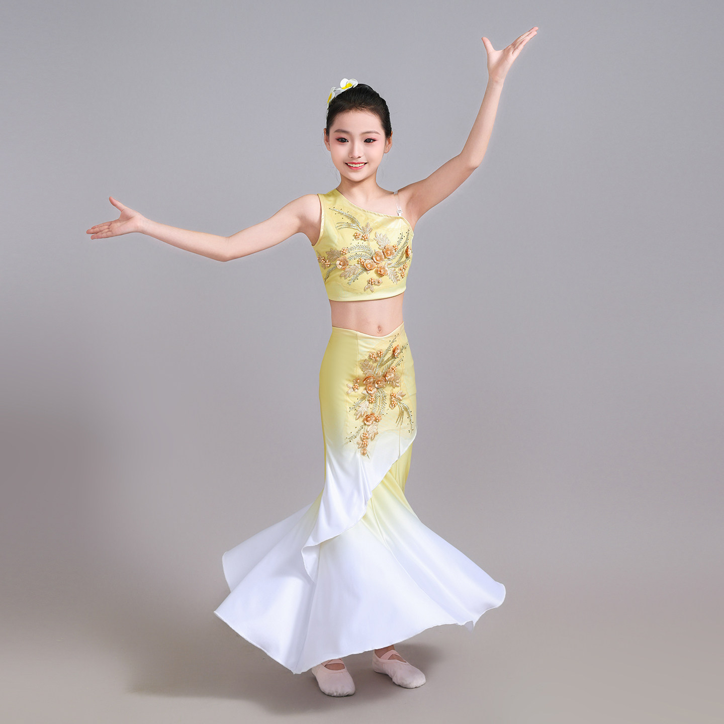 新款儿童傣族舞蹈演出服女童孔雀舞包臀鱼尾裙单肩刺绣民族表演服