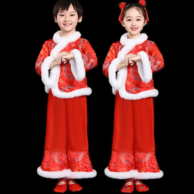 2025元旦新款儿童秧歌服女开门红演出服民族扇子舞红色喜庆打鼓服