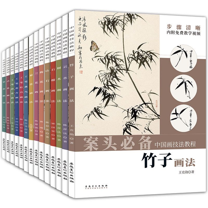 14本中国画技法教程 国画入门梅兰竹菊画法草虫石榴云水树木牡丹山水点景禽鸟山石花卉工笔荷花竹子画法国画临摹教学范本 安徽美术