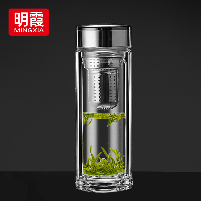 明霞双层玻璃杯男士隔热水杯商务办公礼盒车载泡茶杯子2024新款