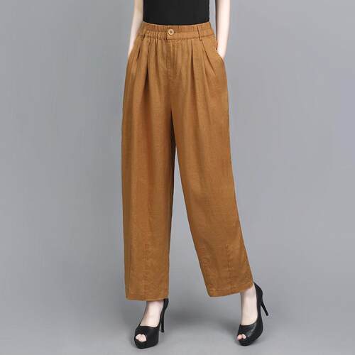 100.%亚麻松紧腰纯色哈伦裤