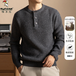 毛线衣 圆领加厚保暖老钱风毛衣针织打底衫 啄木鸟男士 100%纯羊毛衫