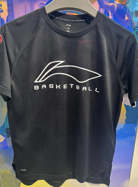 李宁赞助CBA25赛季球员版篮球运动黑色热身训练速干短袖ATSV655