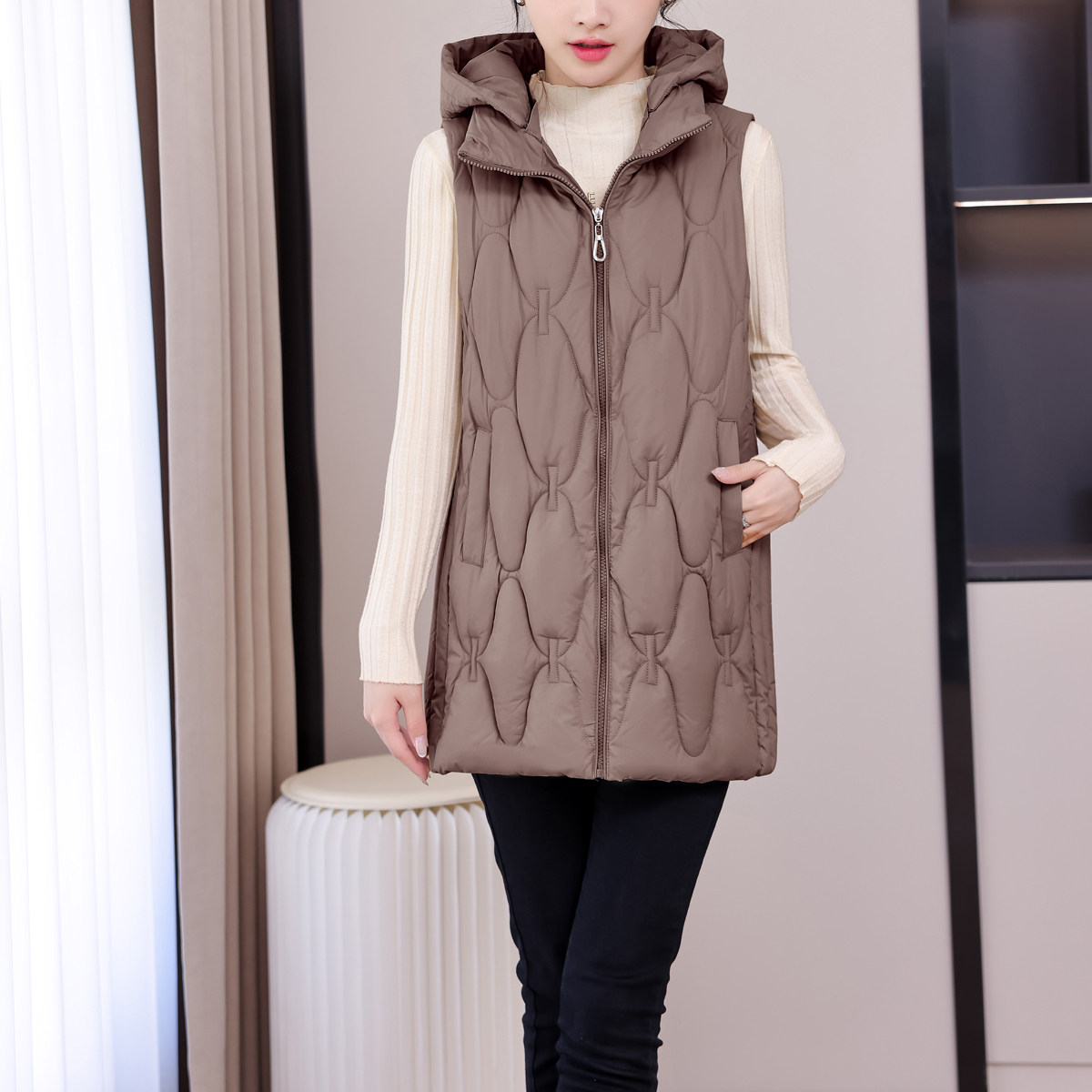 中长款羽绒棉马甲2025新款韩版可拆卸帽外穿背心女士坎肩马夹外套