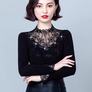 半高领蕾丝花边烫钻打底衫女秋冬加绒妈妈内搭t恤大码保暖上衣潮