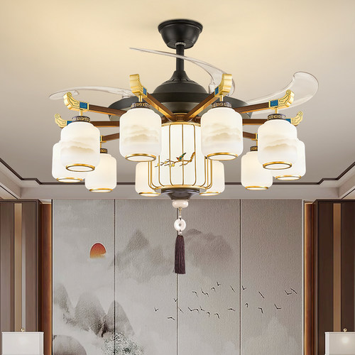 新中式客厅吊灯2025新款铁艺大厅吊灯网络爆款喜鹊卧室餐厅风扇灯