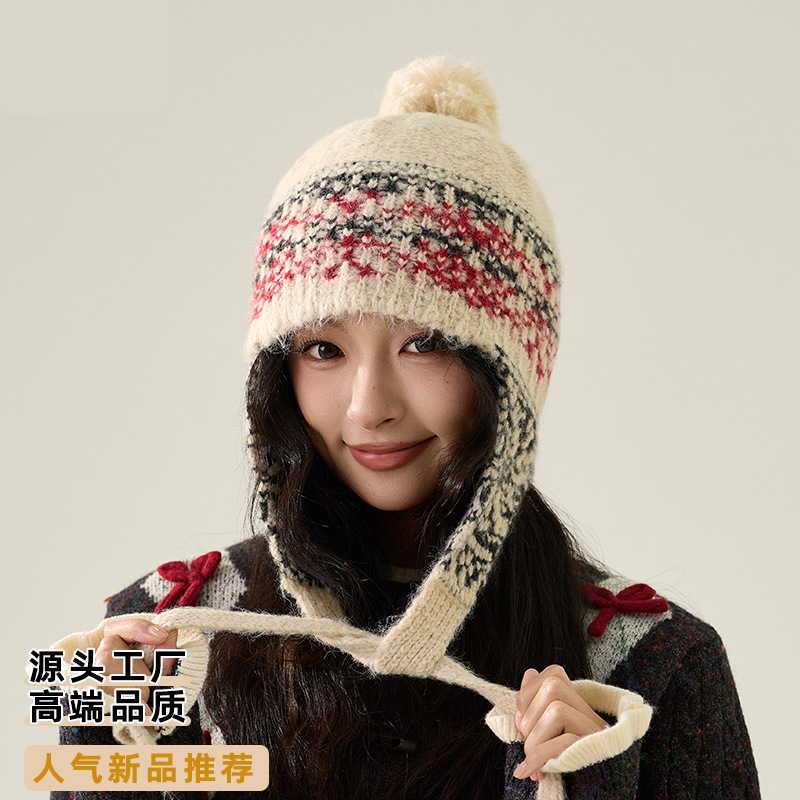 秋冬季护耳针织帽女费尔岛风甜美可爱提花雷锋帽民族风保暖毛线帽
