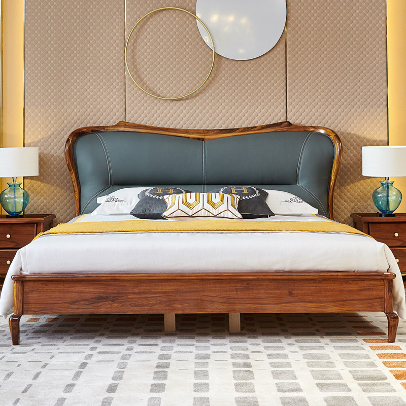 乌金木真皮靠背实木床小户型家具