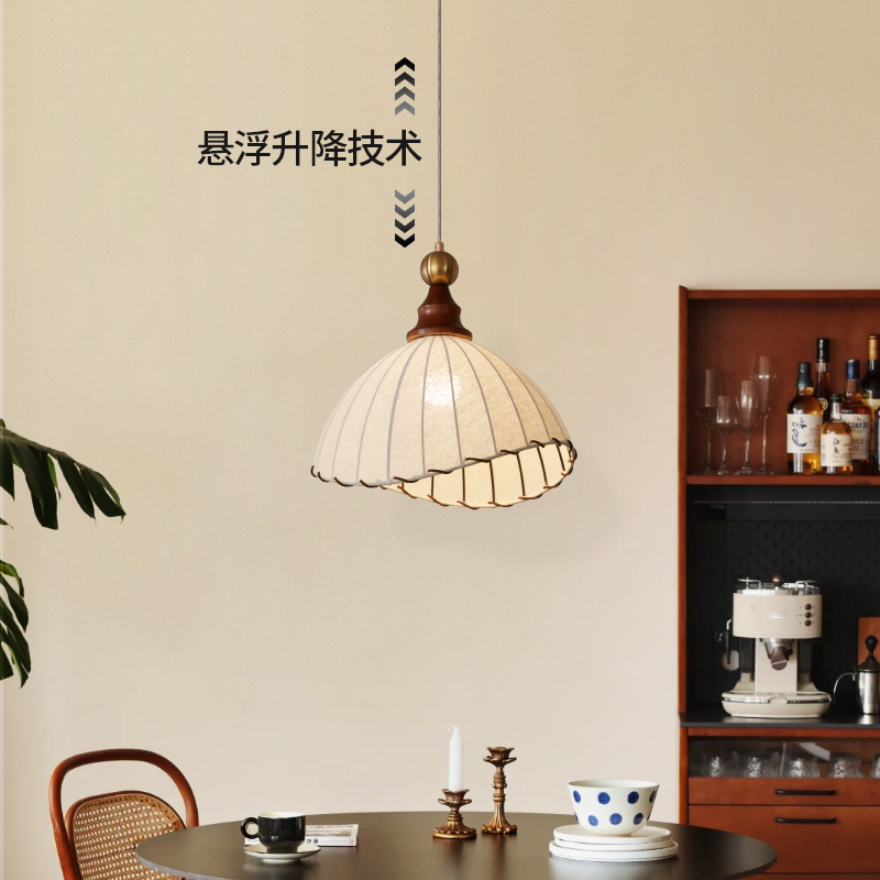 实木中古饭厅灯南洋风法式布艺升降餐桌吧台吊灯侘寂风覆古饭厅灯