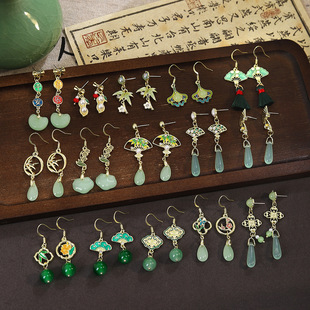 银针新中式翠绿扇形竹叶长款流苏耳饰 古风清新甜美古装旗袍耳钩