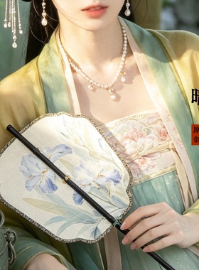 晴栀原创鸠尾花印花腰扇紫竹长柄可旋转复古装饰拍照竹帘扇