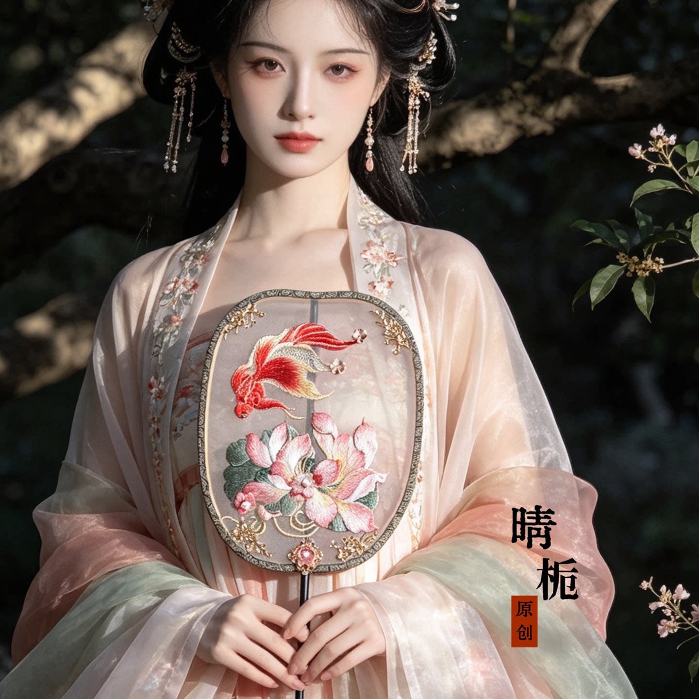 晴栀原创金玉荷安锦鲤荷花绣花团扇中式古典复古汉服拍照走秀道具