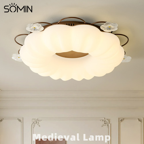 卧室灯法式中古风创意玻璃花朵婚房吸顶灯全光谱护眼儿童房间灯具