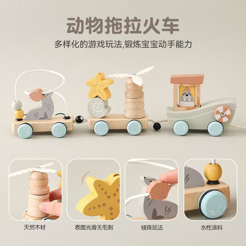 益智木制套柱绕珠拖拉积木火车