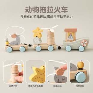 益智木制三节动物儿童套柱绕珠拖拉玩具拉绳学步牵引拖拉积木火车