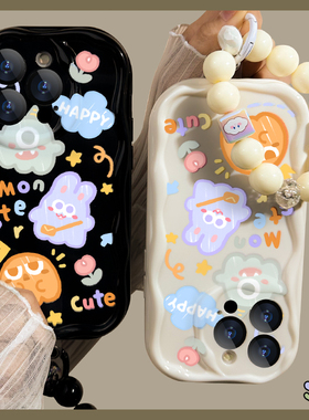 适用于苹果13手机壳夏季奶油框14plus卡通涂鸦兔子iPhone12Pro同款挂坠女ip14promax新款透明por轻薄硅胶防摔