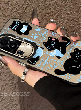 适用于OPPOReno10手机壳度假悠闲小猫9Pro+潮流挂绳Reno8防摔彩银硬壳7Pr新款情侣支架oppo高级感reno散热硬