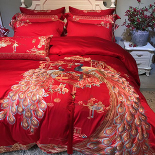 高端婚礼100S支婚庆四件套结婚床上用品新婚大红色长绒棉高档套件